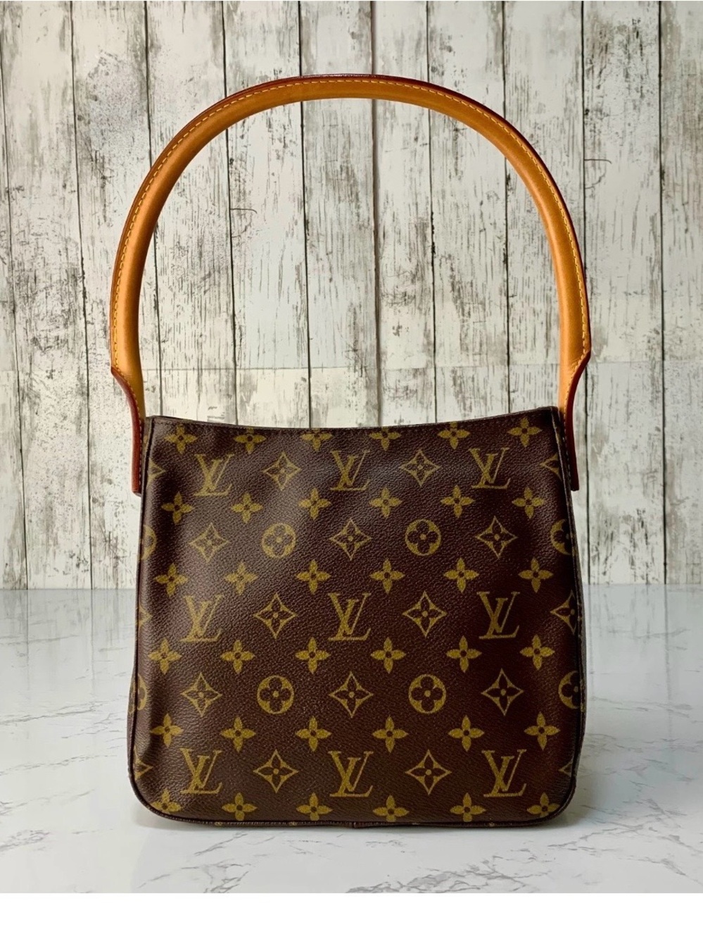 Louis Vuitton Brown Monogram Shoulder Bag with Tan Handle